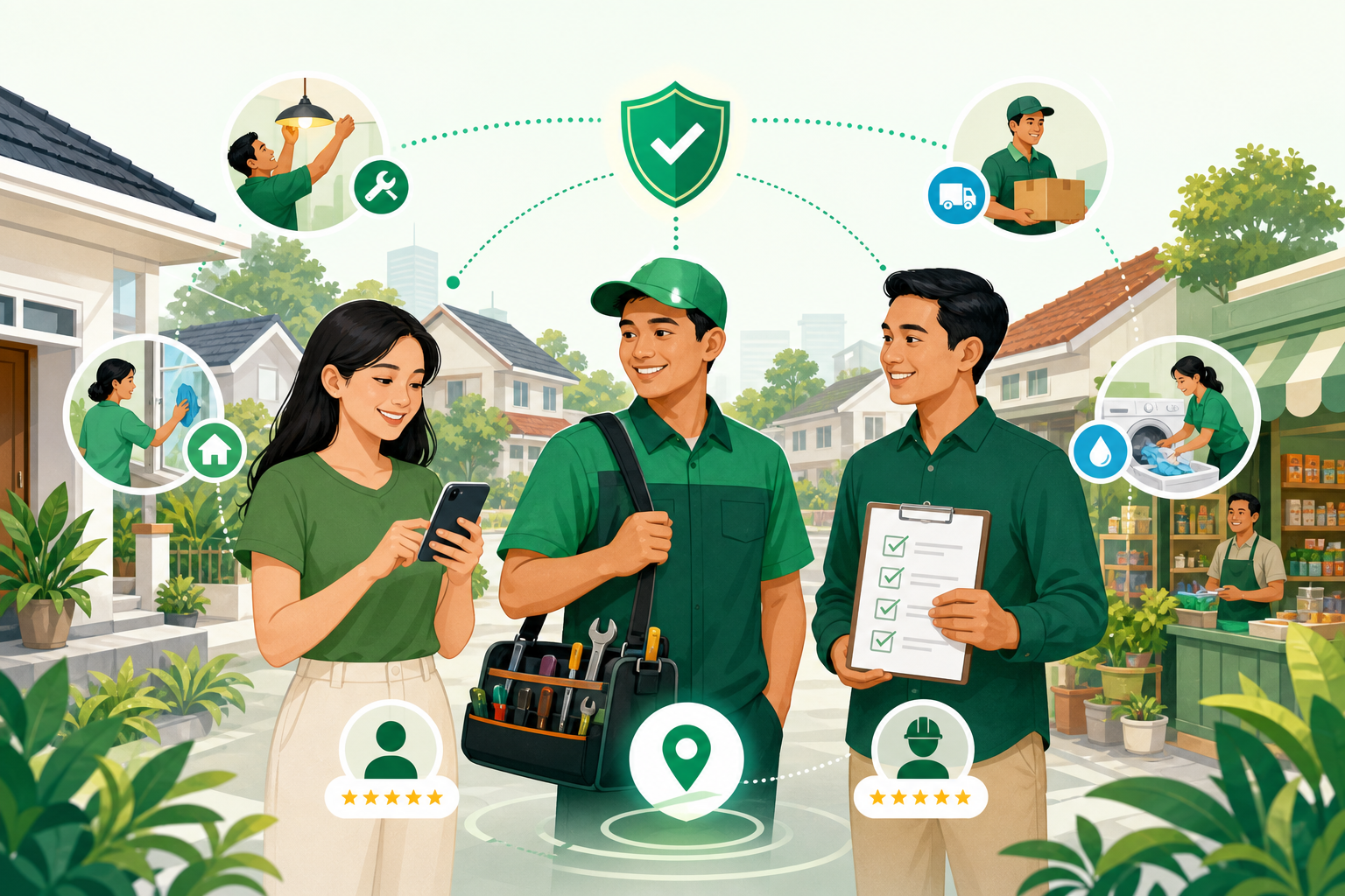 Ilustrasi ekosistem HoreHero yang menghubungkan pengguna, penyedia jasa, dan sponsor di lingkungan sekitar
