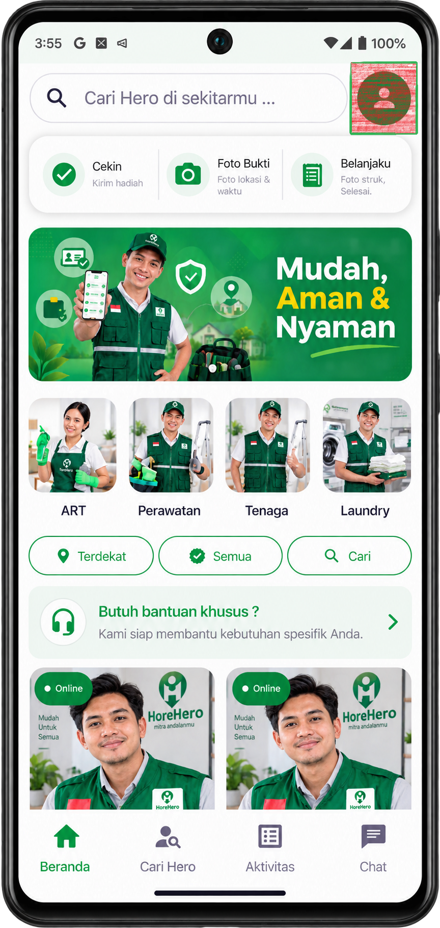 Beranda HoreHero dengan ikon Akun di kanan atas