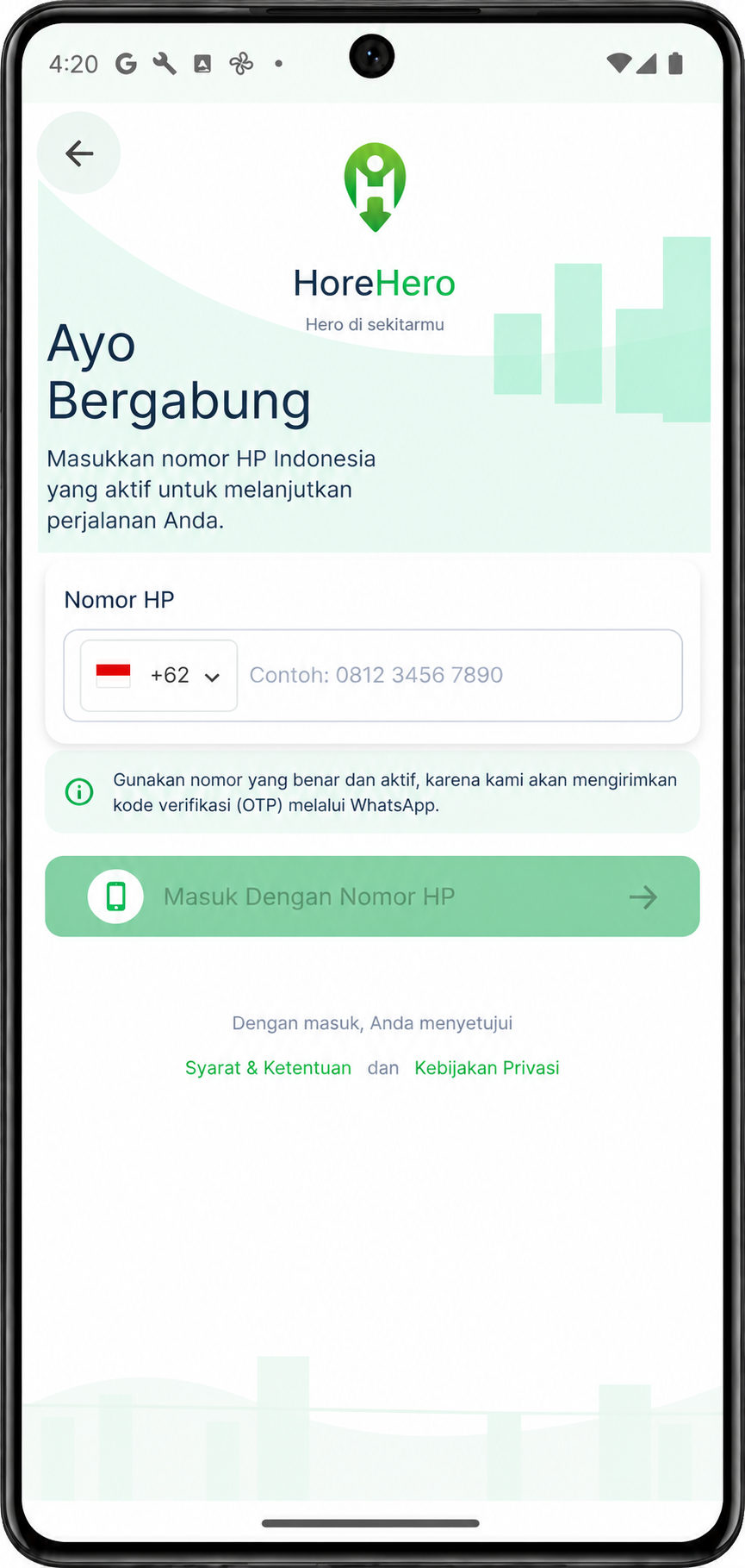 Pilihan masuk aplikasi HoreHero menggunakan nomor HP atau email