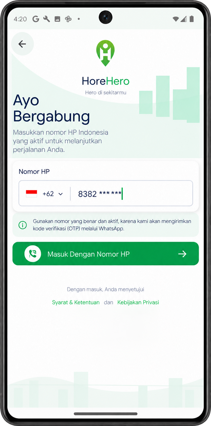 Formulir nomor HP pengguna HoreHero