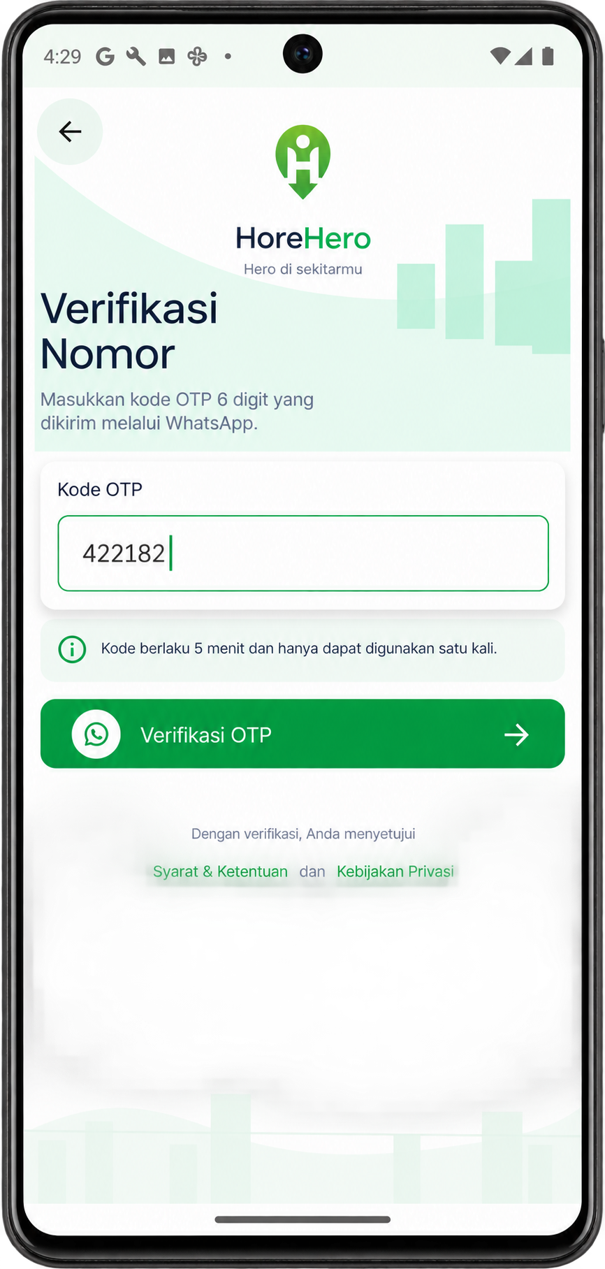 Formulir verifikasi kode OTP HoreHero