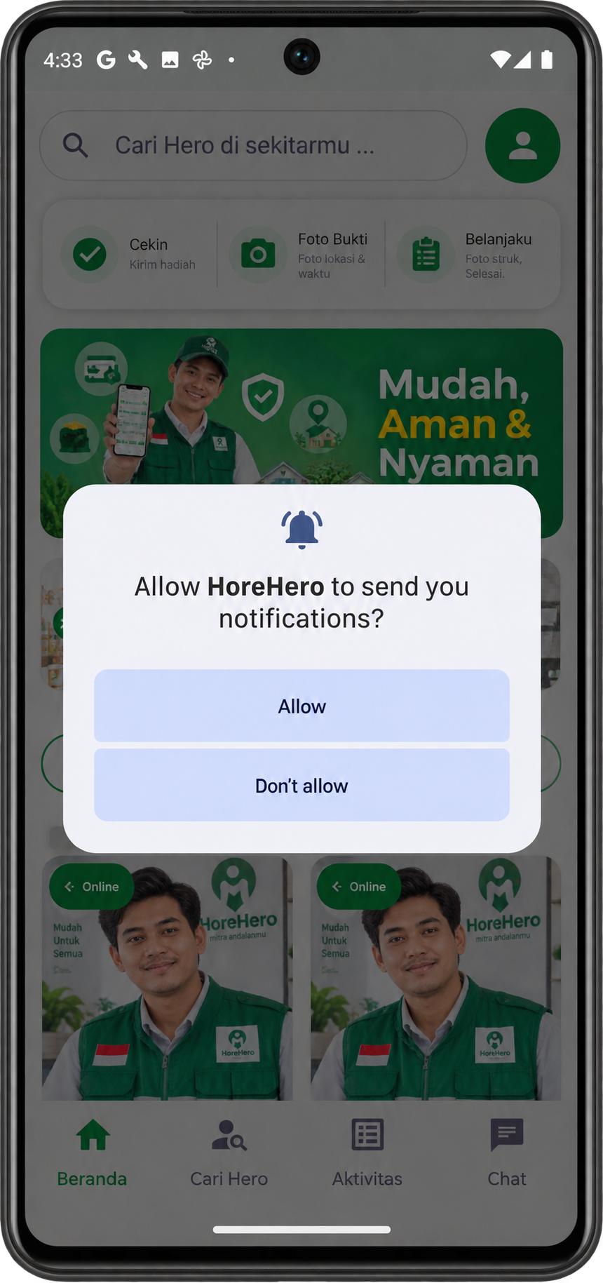 Permintaan izin notifikasi aplikasi HoreHero