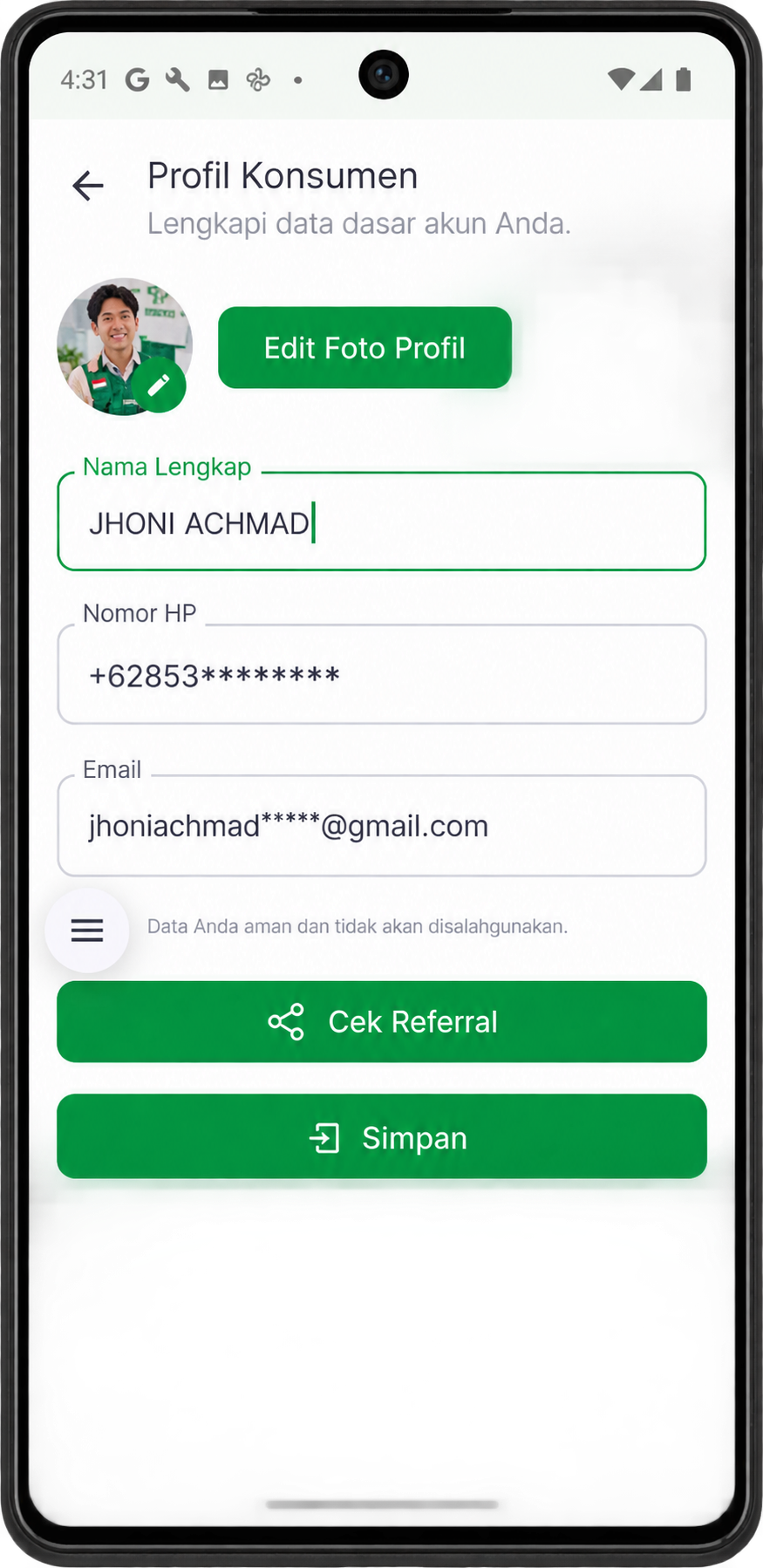 Formulir profil pengguna HoreHero